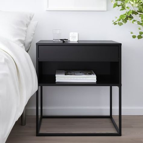 VIKHAMMER Nightstand, black, 235/8x153/8" - IKEA Ikea Nightstand, Black Bedside, Neutral Bedroom Decor, Black Nightstand, Black Bedside Table, Black Bedroom Furniture, Nightstand Decor, High Beds, Прикроватные Тумбочки