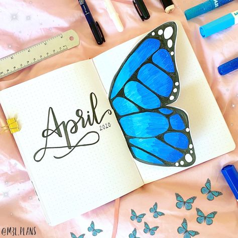 April Book Journal Ideas, April Journal Ideas Cover, Butterfly Cover Page Design, Butterfly Bujo Theme, Planer April, April Handlettering, Bujo April Theme, Butterfly Bujo, Bullet Journal April Cover