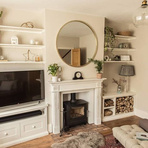 Lounge Shelves, 1930s Living Room, Alcove Ideas Living Room, Log Burner Living Room, Alcove Shelving, Tree Cottage, Victorian Living Room, Sunset Cliffs, Decor Fireplace