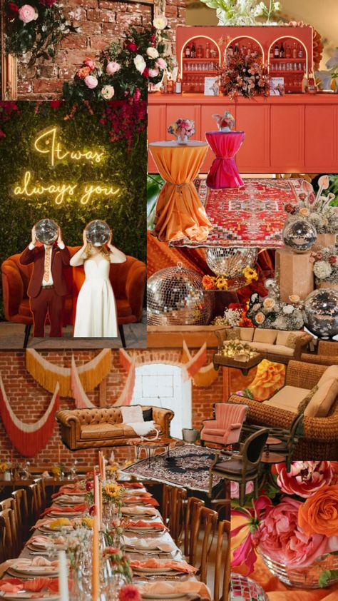 Color palette of maroon, red, orange, and yellow. Red, pink, and orange flowers. Red brick wall with empty wooden frames where bright flowers lay. A Persian rug leading to a red retro bar. Colorful napkins alternating colors or red, orange, and yellow. On the walls also hang red, orange, and ivory large fringes. All around are chic couches of various colors and sizes. Along the floors besides the flowers are big disco balls. Colorful Wedding Reception, Groovy Wedding, Mod Aesthetic, Retro Wedding Theme, Vintage Disco, Carnival Wedding, Disco Theme, Bright Wedding, Colorful Wedding