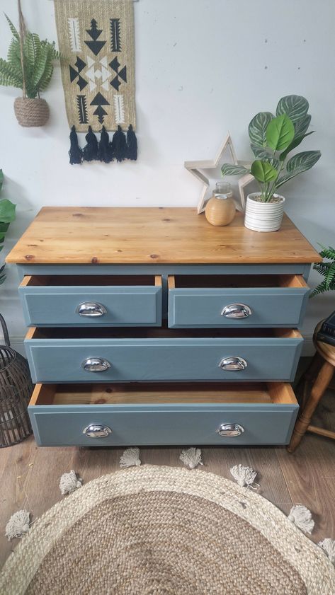 Chest Of Drawers Bedroom Vintage, Painted Wooden Dresser, Painted Dresser With Wood Top, Blue Cottagecore Bedroom, Pine Bedroom Ideas, Light Blue Furniture, Upcycled Bedroom Furniture, Painting Pine Furniture, Chest Of Drawers Upcycle