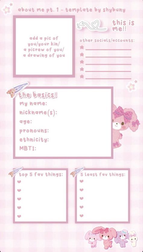 Sanrio Writing Paper, About Me Template Aesthetic Pink, Character Intro Sheet, Cute Pamphlet Design, Rabbitpedia Template, Aesthetic Pamphlet, Cute Id Card Template, Cute About Me Template, Kawaii Template