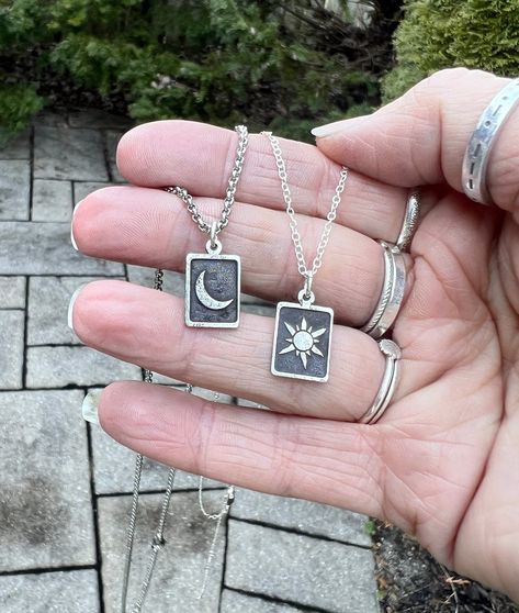 "This sun and moon matching necklace set is perfect as a gift for couples, sisters, siblings, and best friends. The charms are etched from reclaimed silver and polished to a beautiful shine.  Because I use reclaimed silver to create each piece, there may be slight variations in the texture of the silver, giving each charm an organic and rustic look. I then add a patina to darken the recessed area of the charm to ensure the sun and moon stand out, then I polish again. Each set of necklaces comes with your choice of the stainless steel rolo chain adjustable between 18\" and 20\" and/or sterling silver chain adjustable between 16\", 18\" and 20\". Please feel free to message me with questions, I typically respond very quickly. Please check the listing description for the processing speed, und Moon And Sun Necklace Couple, Matching Best Friend Necklaces, Matching Jewelry For Couples Necklaces, Matching Sun And Moon Necklaces, Sun And Moon Matching Necklaces, Sun And Moon Necklace Best Friends, Sun And Moon Necklace Couples, Matching Necklaces Aesthetic, Matching Best Friend Rings