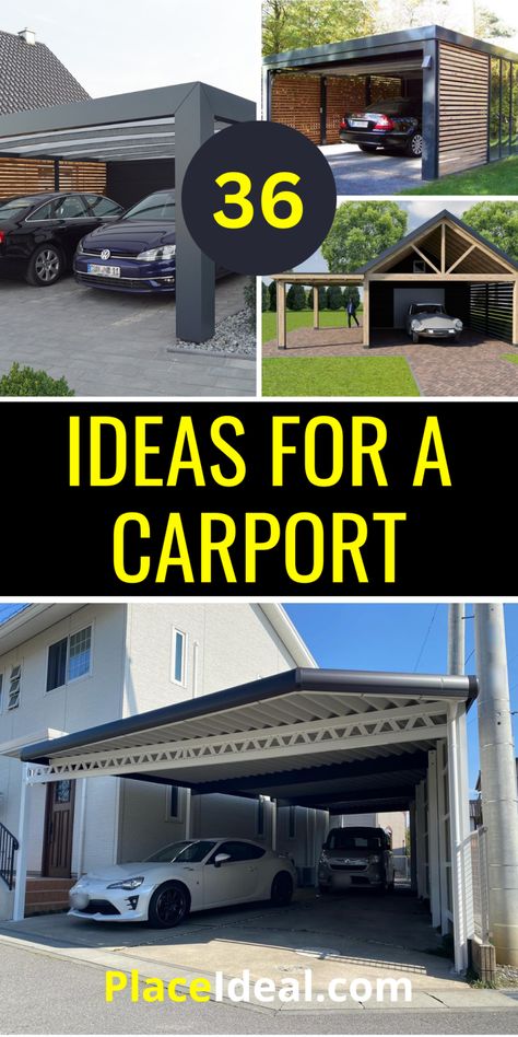 36 Innovative Ideas for a Carport: Modern, Stylish, and Functional Designs - placeideal.com Driveway Cover Car Ports, Closed In Carport Ideas, Enclosed Carport Ideas Attached To House, Car Port Ideas Carport Designs, Covered Carport Ideas, Enclosed Carport Ideas, Modern Car Port, Detached Carport Ideas, Attached Carport Ideas