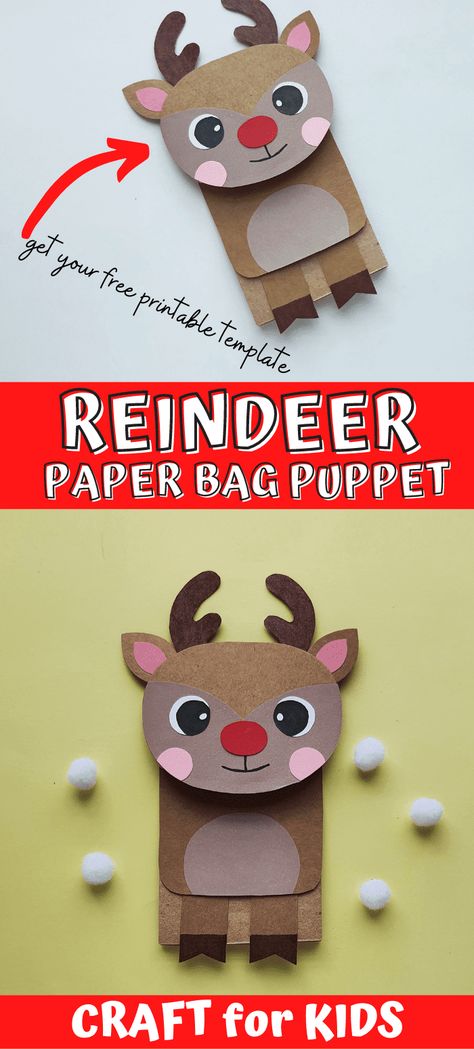 Santa Paper Bag Puppet, Paper Bag Crafts For Kids Christmas, Coffee Filter Christmas Crafts, Paper Bag Reindeer, Reindeer Crafts For Kids, Christmas Reindeer Craft, Paper Bag Puppet Craft, Rudolph Crafts, Reindeer Crafts