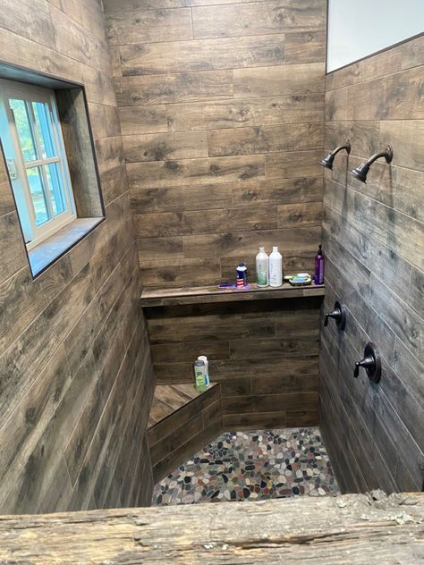 Coolest Showers, Rustic Walk In Shower Ideas, Cabin Style Bathroom, Small Cabin Bathroom, Shop Bathroom Ideas, Rustic Bathroom Shower, Wet Bathroom, Rustic Bathroom Remodel, Wood Tile Bathroom