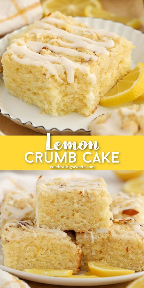 This soft and tender lemon cake is topped with a buttery crumb topping and a sweet and tart lemon icing. A touch of almond extract works wonderfully with the lemon, making this a flavorful cake that’s delicious any time of day. Cakes Made With Oil, Lemon Coffee Cake, Lemon Crumb Cake, Celebrating Sweets, Lemon Coffee, Citrus Recipes, Lemon Icing, Decadent Chocolate Cake, Almond Extract