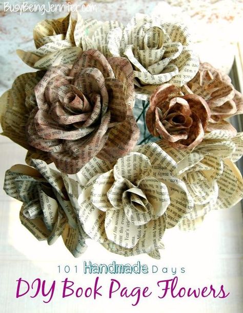 DIY Book Page Flowers - BusyBeingJennifer.com #101HandmadeDays Foil Flowers Diy, Book Flowers Diy, Musical Decorations, Upcycled Books, Book Page Flowers, Old Book Crafts, Fleurs Diy, Recycled Book, Book Page Crafts