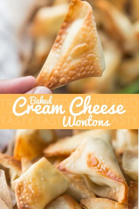 Baked Cream Cheese Wontons // These Baked Cream Cheese Wontons are the perfect appetizer. Why because they are only five ingredients, ready in less than 15 minutes and they are baked - not fried! Easy to whip together & so tasty everyone will love them! | Tried and Tasty Cream Cheese Wonton Recipes Baked, Baked Wonton Wrapper Recipes Appetizers, What Should I Bake Today, Baked Wonton Wrapper Recipes, Cream Cheese Wontons Baked, Baked Wontons, Baked Cream Cheese, Wonton Wrapper Recipes, Restaurant Appetizers