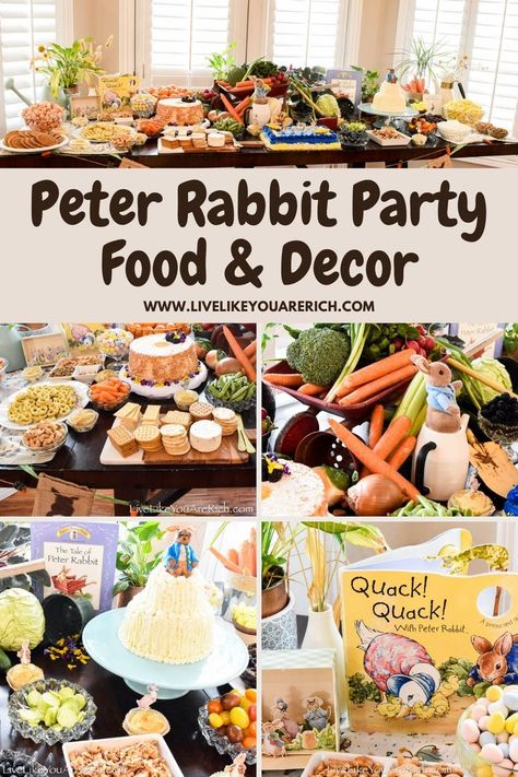 Food For Peter Rabbit Party, Peter Rabbit Party Food Ideas, Peter Rabbit Themed Party Food, Peter Rabbit Birthday Food Ideas, Peter Rabbit Food Table, Peter Rabbit Shower Food, Bunny Themed Food Party Ideas, Peter Rabbit Birthday Party Food, Peter Rabbit Food Ideas