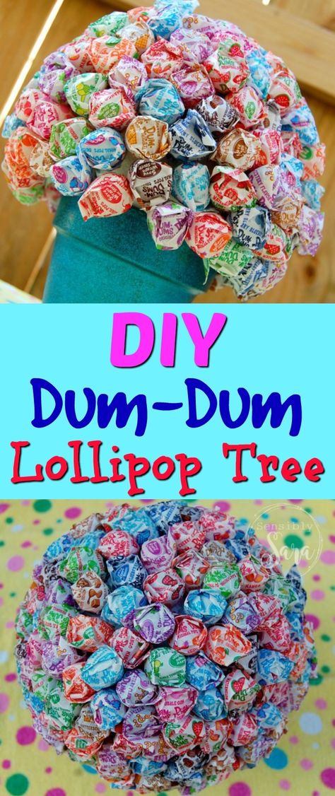 This #DIY Dum-Dum Lollipop Tree is perfect for toddlers or use it as a teacher gift! It's incredibly simple and so much fun to gift or receive! #Craft | via SensiblySara.com Dum Dum Sucker Ideas, Dum Dum Suckers Ideas, 100 Days Of School Lollipop Bouquet, Dum Dum Flower Pot Lollipop Tree, How To Make A Dum Dum Bouquet, Dum Dum Centerpiece Diy, Lolipop Tree Ideas, Diy Dum Dum Bouquet Lollipop Tree, Sucker Tree Lollipop Bouquet