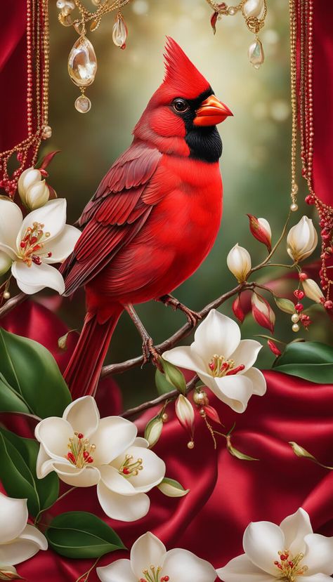 red cardinal and luxuory decoration made of precious jewels and magnolias - AI creation Red Cardinal Wallpaper, Good Morning With Christmas Images, Red Bird Aesthetic, Oyster Ideas, Cup Pictures, Cardinals Wallpaper, Red Cardinal Christmas, Cardinals Birds, Cardinal Birds Art