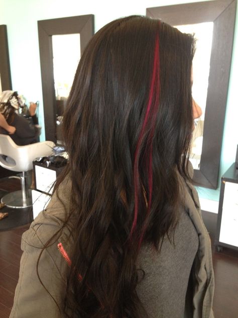 Red Streak In Brown Hair, Highlight Hair Ideas, Red Hair Streaks, Color Stripping Hair, Pink Hair Streaks, Hidden Hair Color, Hair Stripping, Highlight Hair, Highlight Ideas