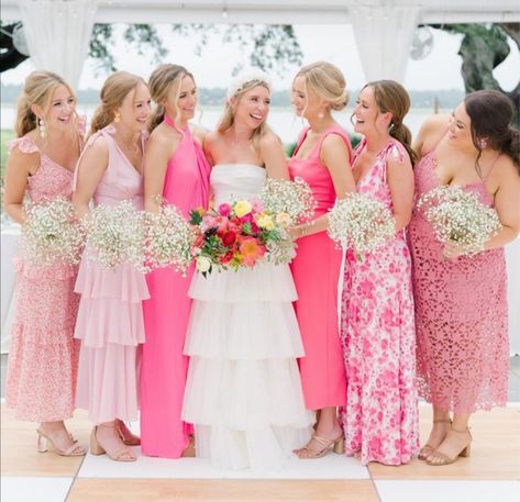 Pink Bridesmaid Dresses Mismatched, Pink Bridal Party, Hot Pink Bridesmaid Dresses, Bright Pink Wedding, Hot Pink Bridesmaids, Light Pink Bridesmaid Dresses, Gorgeous Bridesmaid Dresses, Hot Pink Weddings, Floral Bridesmaid Dresses