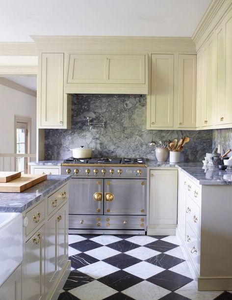 Our Take on Checkered Floors | STUDIO MCGEE | Bloglovin’ Kitchen Ideas Checkered Floor, Black And White Marble Kitchen Floor, Floor Reference, Cornue Range, Hood Kitchen, Checkered Floor, Nickel Faucet, Richard Powers, White Quartzite