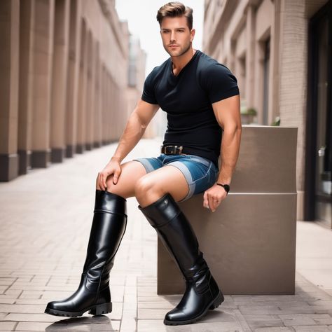 Mens High Heel Boots, Thick Guys, Mens High Boots, Computer Art, Black Knees, Image Generator, Short Shorts, Social Media Posts, High Boots