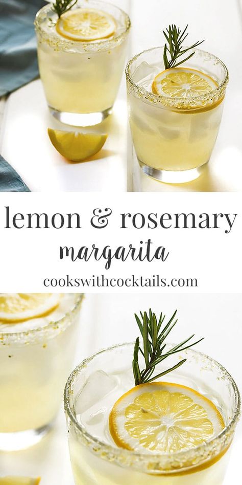 A gorgeous lemon margarita on the rocks made with sweet and tart meyer lemons and sweetened with a rosemary infused homemade simple syrup.  The perfect spring cocktail to sip on with friends in the sun!  Once you make the rosemary simple syrup, this tequila cocktail is so easy to make! Its easy enough to serve this cocktail for a crowd! #cookswithcocktails #lemoncocktail #margarita #lemonmargarita #homemade Fresh Tequila Cocktails, Rosemary Tequila Cocktail, Lemon Rosemary Cocktail, Rosemary Simple Syrup Recipe Cocktails, Rosemary Simple Syrup Cocktail, Rosemary Drinks Cocktails, Rosemary Syrup Cocktail, Cocktails With Rosemary, Cocktails With Lemon