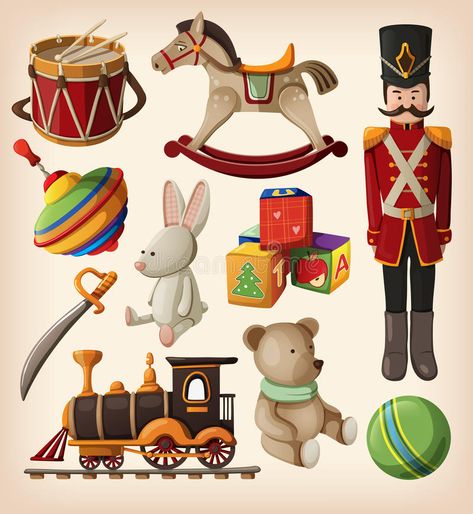 Download Vintage christmas toys stock vector. Image of element - 27832841 Colorful Vintage Christmas, Vintage Christmas Wedding, Happy Icon, Childhood Christmas, Images Noêl Vintages, Train Vector, Christmas Diy Kids, Vintage Christmas Toys, Victorian Toys