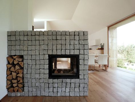 Fireplace Divider Living Room, Modern Woodstoves, Fireplace Room Divider, Fireplace Indoor, Fireplace Room, Stone Fireplace Surround, Contemporary Entryway, Contemporary Stairs, Contemporary Staircase