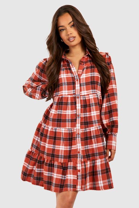 Womens Check Tiered Smock Dress - orange - 14 - Fashion this plaid dress on your next outing, whatever your plans, and smash theplaid sundress trend outta the park. This flattering plaid pattern looks good on everybody with multiple colors and various stripe layouts; it is a perfect style for all seasons and the ideal transitional piece. Whether you're planning a day in the park, heading into the office, or want to add a playful pattern to your going-out outfit, this plaid dress is the answer.St Women Shirt Dress, Plaid Dresses, Checked Shirt Dress, Work Outfit Ideas, Shirt Dress Outfit, Outfit Check, Flannel Women, Dress Shirts For Women, Going Out Outfits