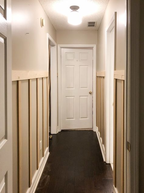 Board And Batten Wall In Hallway, Diy Board And Batten Wall Hallway, Hallway Wall Board And Batten, Board And Batten Hallway Decor, Hallway Ideas Board And Batten, Upstairs Narrow Hallway Ideas, Diy Hallway Remodel, Hallway Batten Wall, Board And Batten Small Hallway