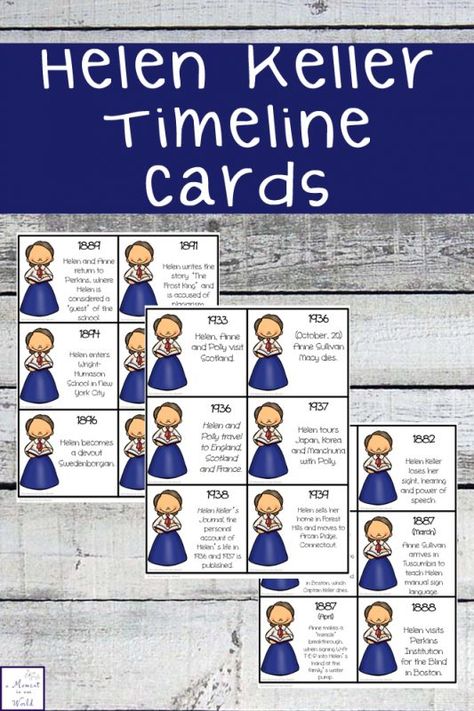 Helen Keller was an amazing woman. These Helen Keller Timeline Cards help tell the life and  achievements of this wonderful woman. Helen Keller Activities For Kids, Helen Keller Activities, Helen Keller Biography, Dr Seuss Math, Wax Museum Project, Timeline Worksheet, Hellen Keller, Biography Projects, Phonics Worksheets Free