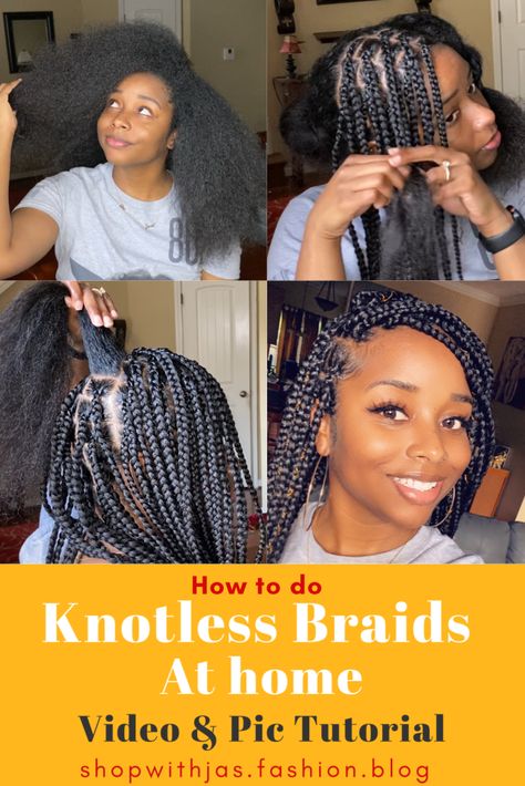 Click link for a very detailed step by step tutorial (with pics and video) to complete knotless box braids at home with extensions. #diy #boxbraids #boxbraidshairstyles #knotlessboxbraids #knotlessbraids #blackhairstyles #blackhair #protectivestyles Packs Of Hair For Box Braids, Diy Braids On Yourself Black Hair, Box Braids At Home, Blackhairstyles Braids, Braids At Home, Braids Diy, Box Braids Tutorial, Braids Step By Step, Box Braid Hair