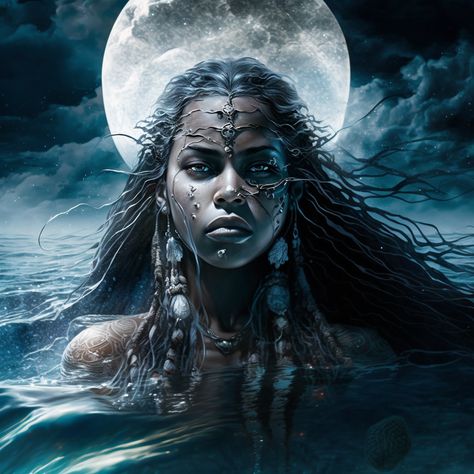 Water Goddess Drawing, Black Water Goddess, Water Goddess Tattoo, Black Moon Goddess, Water Goddess Aesthetic, Yemoja Goddess, Water Goddess Art, Atabey Goddess, Mermaid Goddess