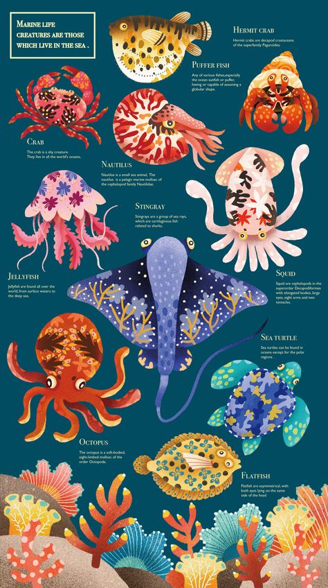 Marine life on Behance Biology Painting Ideas, Marine Life Painting, Sea Life Illustration, Sea Illustrations, Marine Life Art, Kristina Webb, Sea Creatures Art, Sea Illustration, Animals Illustration