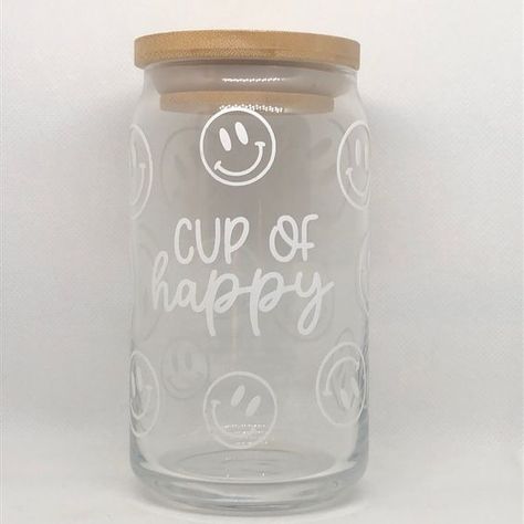 Beer Can Glass Cup Cup Of Happy 16 Oz Nwt | Color: Tan/White | Size: 16oz #svg #svgquotes #svgideas #svgfiles #freesvg #svgdesigns Circuit Glass Cups, Teacher Vinyl Cups, Christmas Glass Cup Ideas, Cute Tumbler Cups Design, Glass Cup Designs Vinyl, Cricut Beer Can Glass Ideas, Glass Cup Vinyl Ideas, Clear Mugs With Vinyl, Cricut Glass Cup Ideas Vinyls