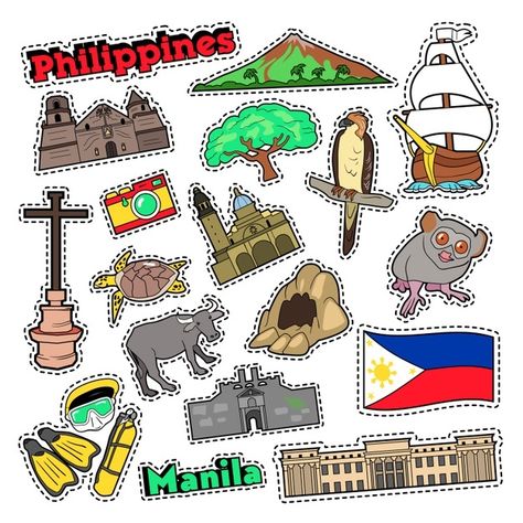 Philippines travel set with architecture... | Premium Vector #Freepik #vector #banner #vintage #tree #city Relief Goods Philippines, Philippine Culture Poster, Araling Panlipunan Design, Philippine Jeepney, Travel Stickers Printable, Kasaysayan Ng Pilipinas, Araling Panlipunan, Vector Doodle, Philippine Art