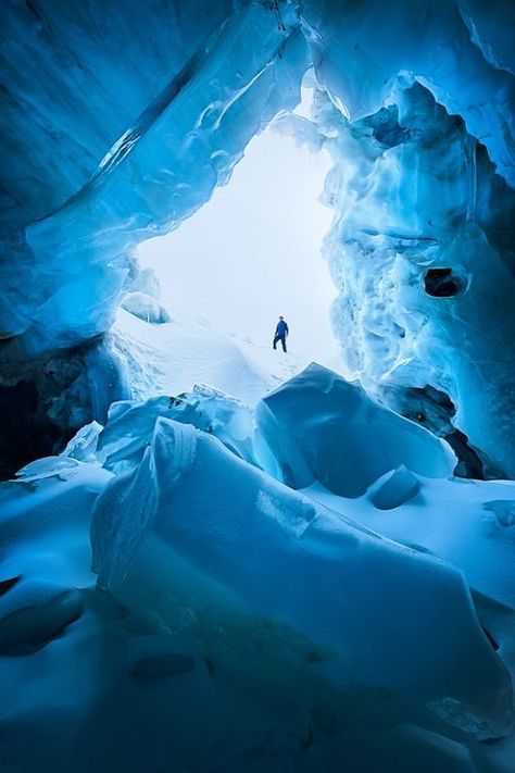 The highest ice cave I’ve ever been in, and probably the largest as well, revealed itself on day 2 of the southern glacier trek in Bolivia.Exhausted after 6 hours of hard climbing to 5600 meters above sea level, we reached the cave in the early afternoon. After the initial shock caused by its sheer size, I carefully stepped inside and got some shots. This one shows my friend Gal at the cave’s entrance. You can get the scale by looking at his size compared to the cave, but believe me, it was ... Cave Photography, Norway Hotel, Bolivia Travel, Old Country Churches, Ice Cave, Scenic Photography, Country Church, Canadian Rockies, Landscape Photos