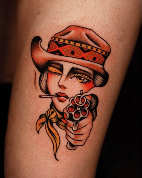 Conventional Cowgirl western tattoo gun cowboy wild west Check more at https://howcandothis.com/womenstyle/conventional-cowgirl-western-tattoo-gun-cowboy-wild-west/ Cowgirl Gunslinger Tattoo, Spanish Woman Tattoo, Old Western Tattoos Vintage, Old School Woman Tattoo, Vintage Cowgirl Tattoo, Vintage American Traditional Tattoo Flash, Cowboy Traditional Tattoo, American Traditional Cowgirl Tattoo, Cowgirl Pinup Tattoo