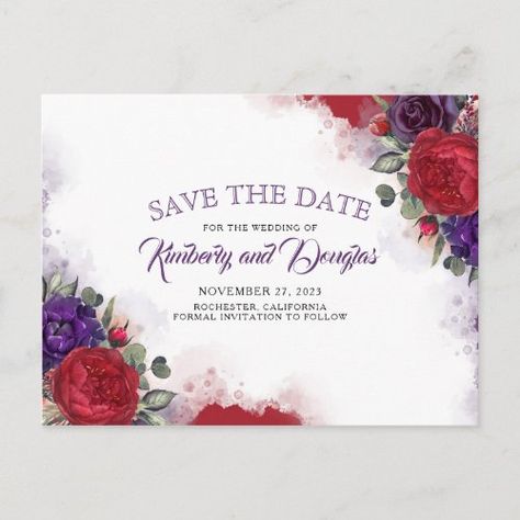 $2.18 | Plum Purple and Burgundy Red Floral Save the Date #save the date, eggplant, plum purple, burgundy red, marsala, floral, fall, aubergine, merlot, wine red Red Purple Wedding, Floral Fall Wedding, Purple Save The Dates, Purple Wedding Reception, Purple And Burgundy, Red Wedding Invitations, Purple Wedding Invitations, Floral Save The Dates, Fall Wedding Invitations