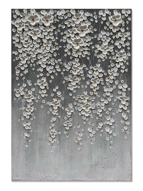 White Art Canvas, Large Vertical Wall Art, Wall Flower Painting, Semi Abstract Art, Diy Canvas Art Ideas, Simple Modern Art, Grey Abstract Painting, Vertical Artwork, 3d Oil Painting