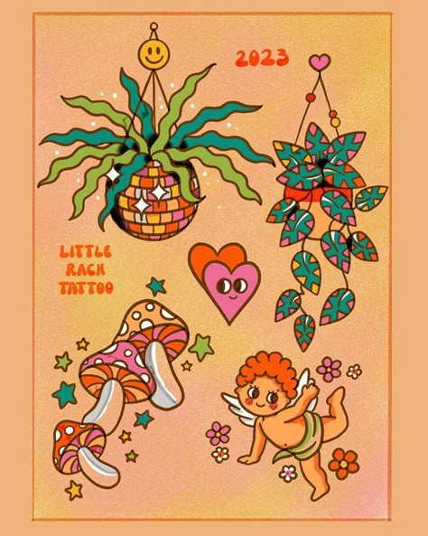 70s Theme Tattoo, Groovy Flash Tattoo, 70s Flash Tattoo, Groovy Traditional Tattoo, 60s Inspired Tattoos, Traditional Tattoo Art Print, Groovy Chick Tattoo, 70s Aesthetic Tattoo, Groovy Flower Tattoo