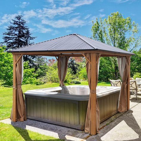 Aoodor 10'x 10' Gazebo Polycarbonate #Roof, Wooden Print Aluminum Frame with #Mosquito Netting and #Curtain for #Garden Patio. Hot Tub Enclosure Ideas, Hot Tub Shelters, Hot Tub Pergola, Backyard Spa, Polycarbonate Roof, Gazebo On Deck, Granny Pods, Gazebo Roof, Hot Tub Gazebo