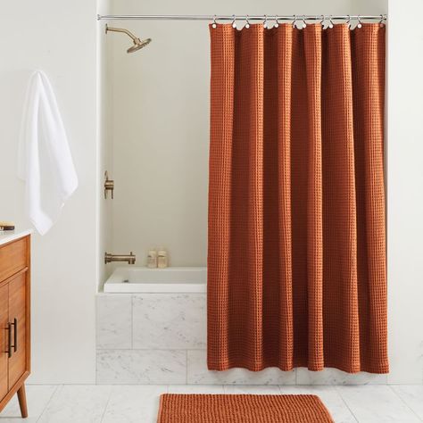 Plush Waffle Shower Curtain | West Elm Waffle Shower Curtain, Orange Shower Curtain, Waffle Weave Shower Curtain, Fall Bathroom, Orange Bathrooms, Waverly Place, Brown Bathroom, Kids Bath, Curtain Bangs