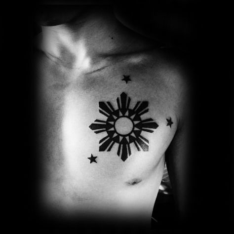 Black Ink Chest Filipino Sun Mens Tattoo Ideas Filipino Tattoos Men Sun, Philippine Flag Tattoo Design, Filipino Tattoos Men, Philippine Sun Tattoo, Filipino Flag Tattoo, Philippines Sun Tattoo, Philippines Tattoo Ideas, Thinking Tattoo, Filipino Sun Tattoo