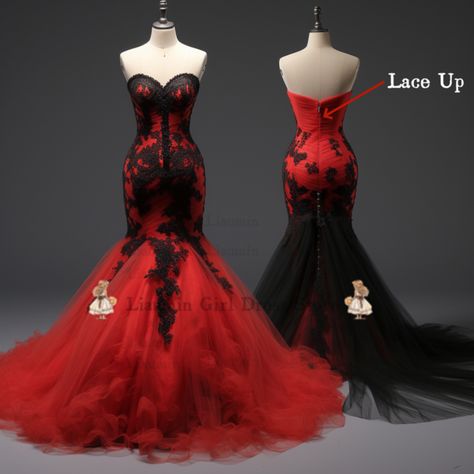 Red And Black Mermaid Wedding Dress, Black And Red Wedding Dresses The Bride, Red And Black Wedding Dress, Black Mermaid Wedding Dress, Black And Red Wedding, Black Red Wedding, Diy Wedding Reception, Red Wedding Dress, Fancy Gowns