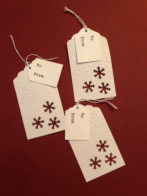 "You'll receive 12 of these beautiful embossed snow flake cut out or holly gift tags! They have a cute little To and From label too and twine! Approx 2\" x 3 1/2" Christmas Gift Tags Stampin Up, Xmas Cards To Make, Homemade Gift Tags, Snowflake Gift Tags, Making Gift Tags, Sample Christmas Cards, Homemade Tags, Christmas Gift Tags Diy, Christmas Gift Tags Handmade