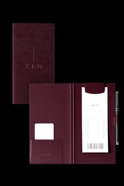 ZEN Restaurant | Leather checkbook for restaurant, design. Aesthetics logofashion #modern #massagetherapistbrand #vectorlogo. Modern Menu Design Ideas, Leather Check Presenter, Restaurant Package Design, Menu Paper Design, Leather Menu Design, Menu Design Aesthetic, Black Menu Design, Restaurant Collateral, Restaurant Logo Design Ideas Simple