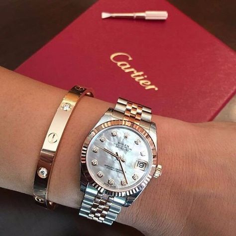 Rolex Cartier Stack, Rolex Cartier, Rolex Watches Women, Swiss Luxury, Cartier Bracelet, Rolex Watch, Stylish Watches, Cartier Love Bracelet, Beautiful Watches