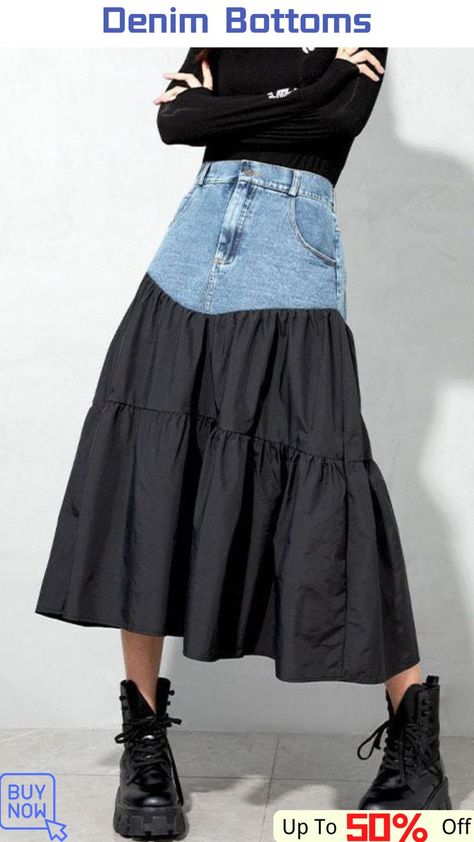 Loose Black denim Patchwork Casual Skirt Puffer Jacket Outfit Ideas, Style Puffer Jacket, Diy Denim Skirt, Jacket Outfit Ideas, Ropa Upcycling, Diy Skirts, Puffer Jacket Outfit, Jeans Trend, Upcycle Clothes Diy