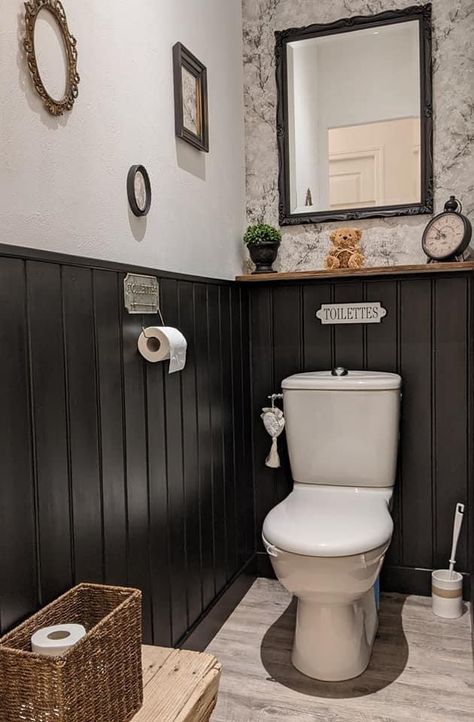 Black Bathroom Panelling, Downstairs Toilet Panelling Ideas, Wallpaper Toilet, Restroom Remodel, Small Downstairs Toilet, Cloakroom Toilet, Bathroom Under Stairs, Master Bath And Closet, Toilet Decor