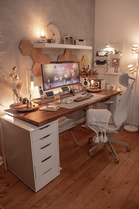 Table Desk Aesthetic, Graphic Designer Room Setup, Cute Study Setup, Wood Desk Gaming Setup, Alex Drawer Desk Setup, White Aesthetic Pc Setup, Desk Teenage Girl Bedroom, Desk Setup For Studying, Family Computer Room