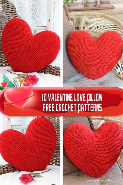 10 Valentine Love Pillow FREE Crochet Patterns - I Good Ideas Crochet Love Pillow Free Pattern, Crochet Valentine Pillow, Red Yarn Crochet Ideas, Crochet Heart Pillow Free Pattern, Pillow Crochet Pattern Free, Heart Pillow Crochet Pattern, Crochet Heart Pillow, Birthday Card Making, Crochet Valentine Patterns