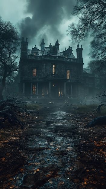 Haunted house in gothic style | AI-generated image Gothic Mansion Aesthetic, American Gothic Aesthetic, Haunted House Aesthetic, Scary Mansion, Haunted Palace, Witchy Party, Dark Mansion, Haunted Manor, Haunted Castles