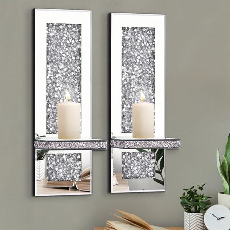 PRICES MAY VARY. Suitable Size: The size of Candle Sconces is 15.7×5.1×4.5 inch. Candlestick tray size is 5.1×3.9×0.8inches. Exquisite Design: The candle holder features a bright mirror and shiny Acrylic diamonds. Wide range of uses. This candle holders can be used to place candles, but also can be used to place small ornaments. Without matching with other items, it can perfectly decorate the space by itself and bring a sparkling beauty. Suitable for a variety of occasions, whether it is the bed Silver Home Decor Living Room, Mirror Wall Decor Living Room, Acrylic Candle Holder, Wall Mirror Decor Living Room, Dollar Tree Mirrors, Silver Wall Decor, Bright Mirror, Family Gallery Wall, Mirror Sconces