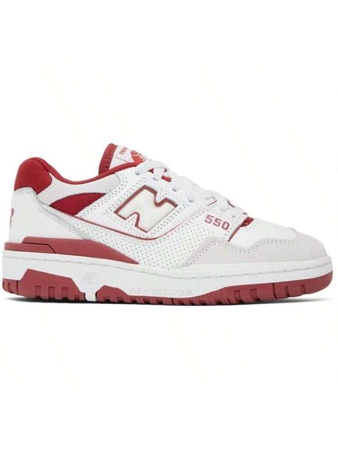 New Balance  White & Red 550 Sneakers  Low-top grained leather, faux-leather, and mesh sneakers in white and red. Suede trim throughout.  . Lace-up closure  . Logo patch at padded tongue  . Padded collar  . Logo appliqué at sides  . Logo printed at heel counter  . Mesh lining  . Treaded rubber sole  Supplier color: White/Astro dust  Upper: leather, synthetic, textile. Sole: rubber.  Made in Viet Nam.  232402F128103  White & Red 550 Sneakers Default         Sports & Outdoor Shoes, size features a Red New Balance 550, New Balance 550 Red, Red New Balance Shoes, Red And White Shoes, Astro Dust, Red New Balance, Red White Shoes, Zapatillas New Balance, Casual Athletic Shoes